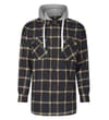 Front view of blue checked hooded flannel shirt.